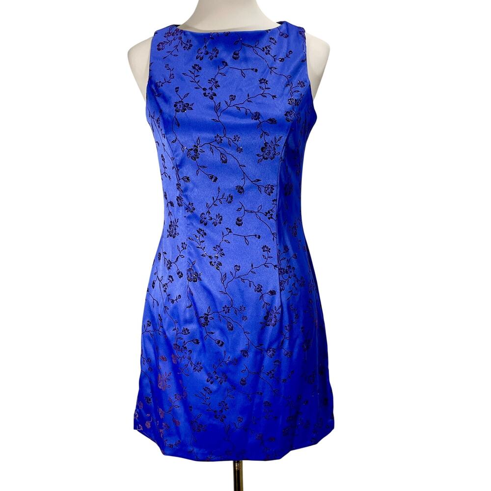 Vintage 90s City Triangles Mini Dress Blue Black Floral Sequin Size 7/8 Small